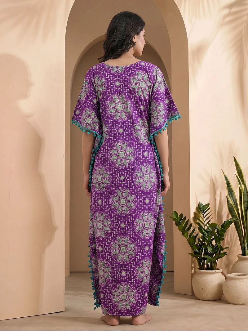 purple-green-ethnic-print-cotton maternity-feeding-friendly-kaftan-dress
