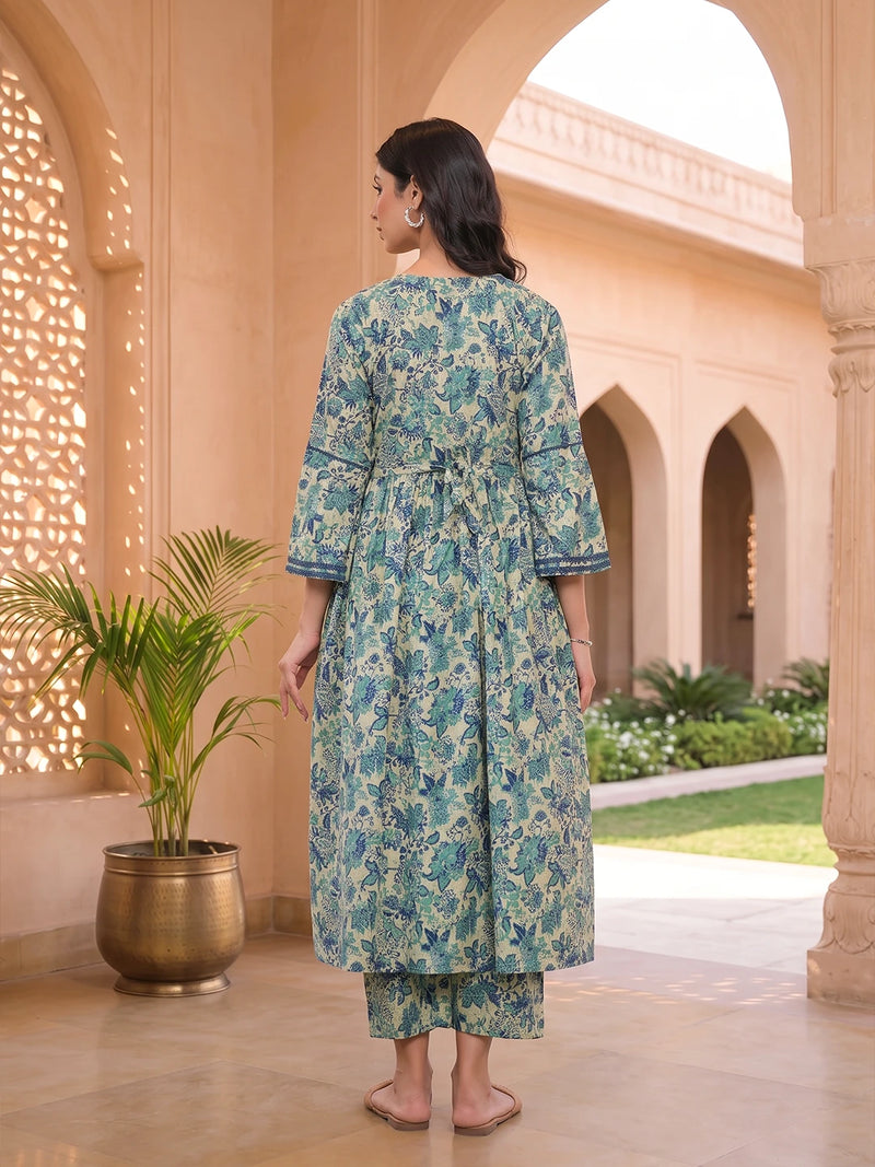 Teal Green Cotton Printed Maternity & Feeding Kurta Set with Dupatta