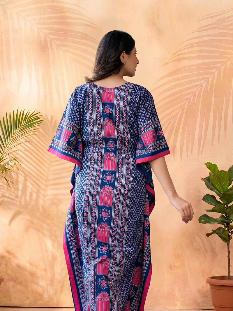Indigo Multi Ethnic Motifs Printed Maternity Feeding Kaftan Dress