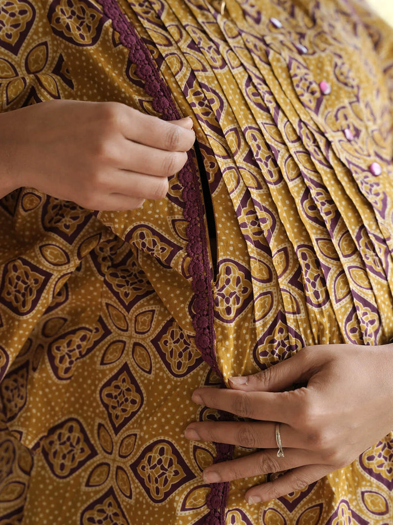 Mustard Printed Cotton Maternity Feeding-Friendly Night Suit