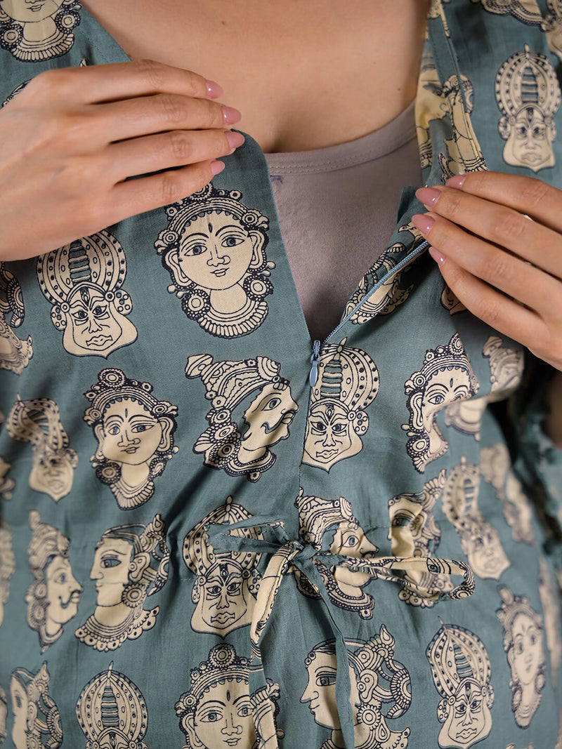 grey-ethnic-motifs-print-maternity feeding-friendly-kaftan-night-suit