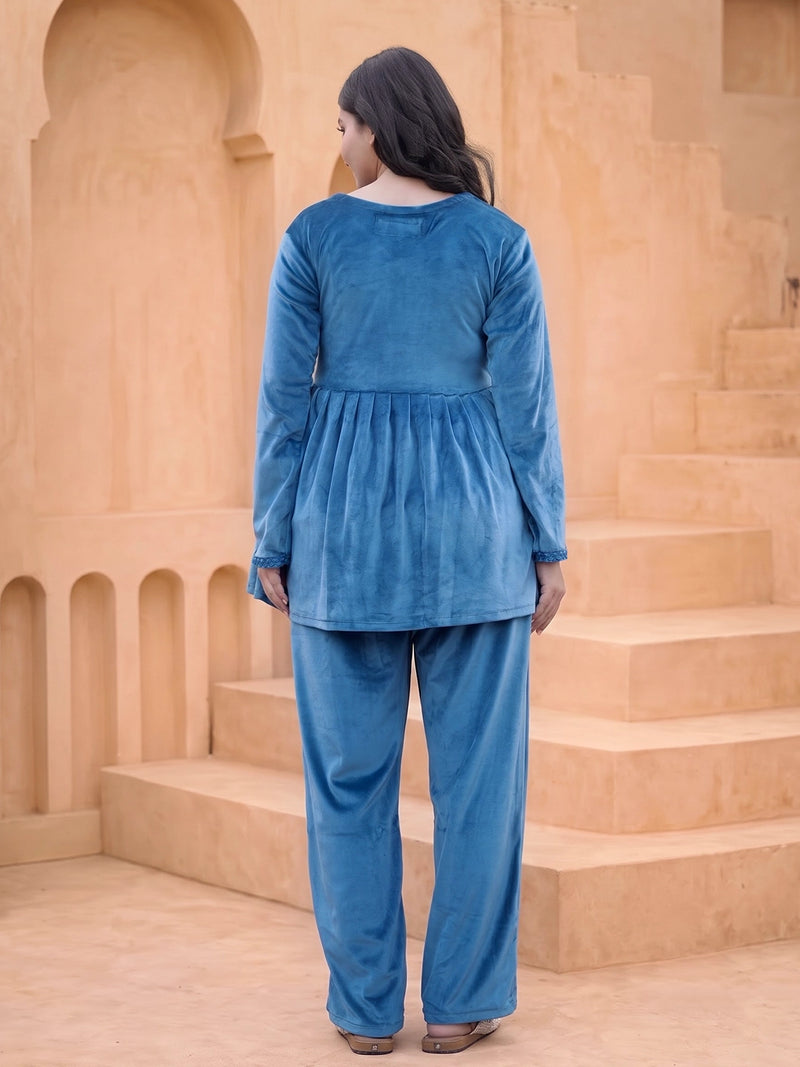 Teal Blue Velvet Maternity Feeding Night Suit