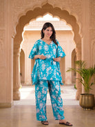 turquoise-white-floral-print-maternity-feeding-friendly-kaftan-night-suit-with-concealed-zipper