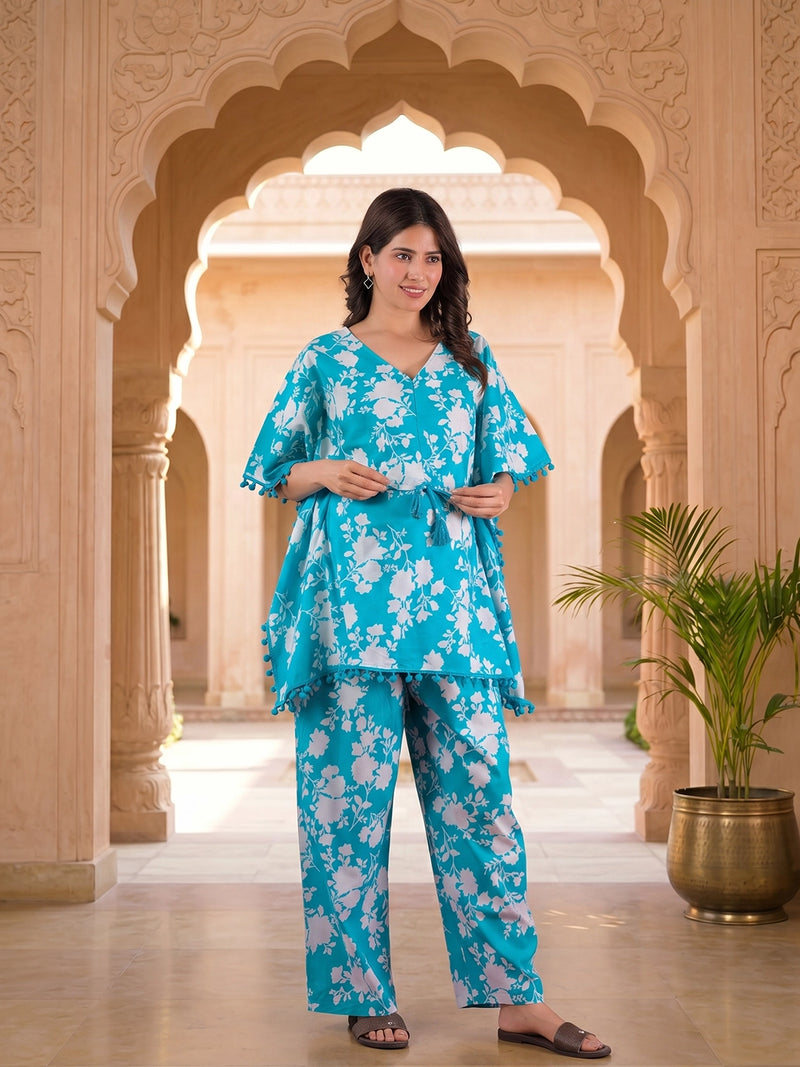 turquoise-white-floral-print-maternity-feeding-friendly-kaftan-night-suit-with-concealed-zipper