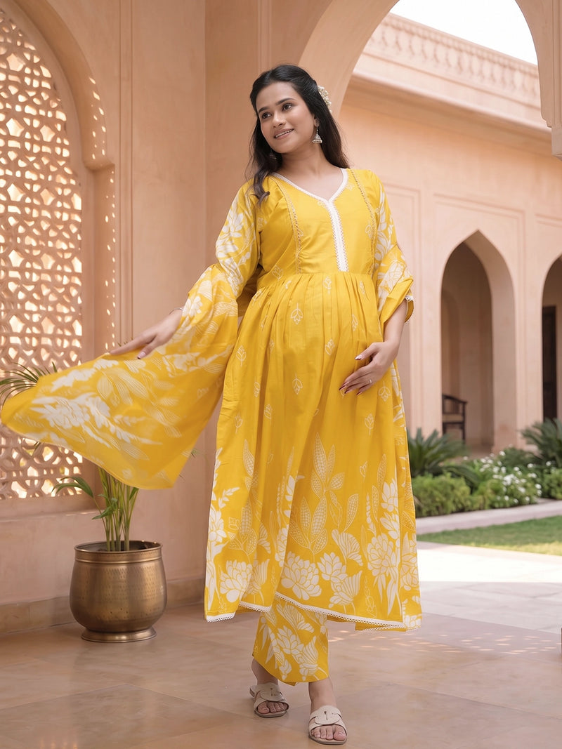 Yellow White Floral Print Cotton Maternity & Feeding-Friendly Flare Kurta Set with Dupatta