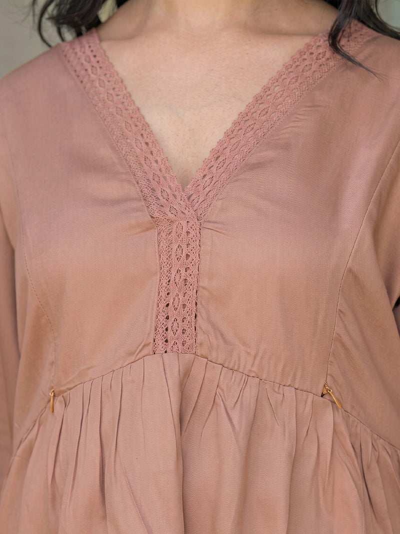 Taupe Lace Neck Maternity & Feeding Top with Concealed Zipper