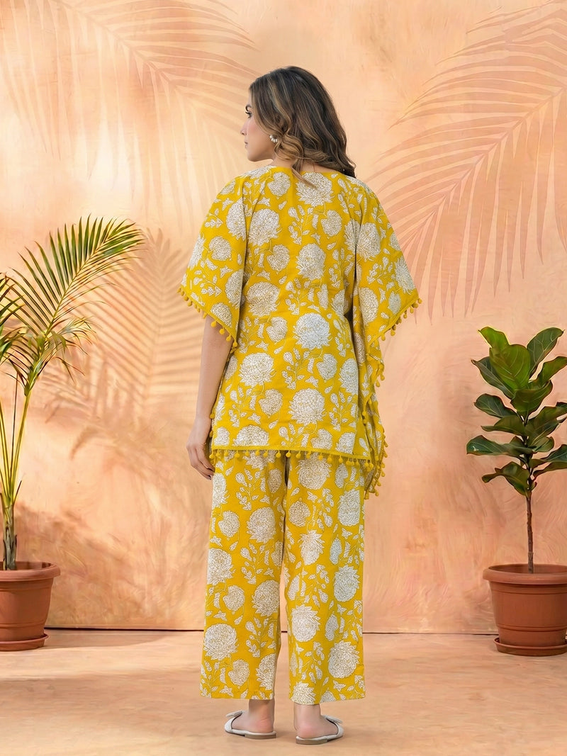 Mustard Floral Printed Maternity Feeding Kaftan Night Suit