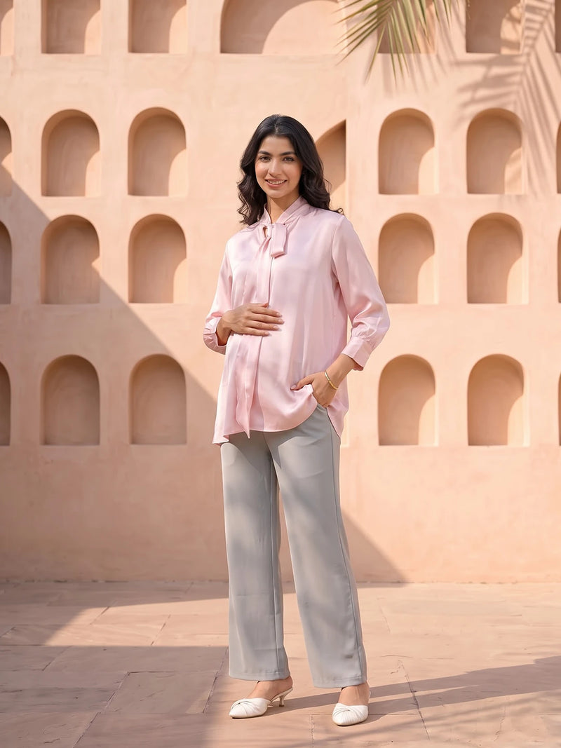 Light Pink Tie-up Neck Maternity Feeding-Friendly Top