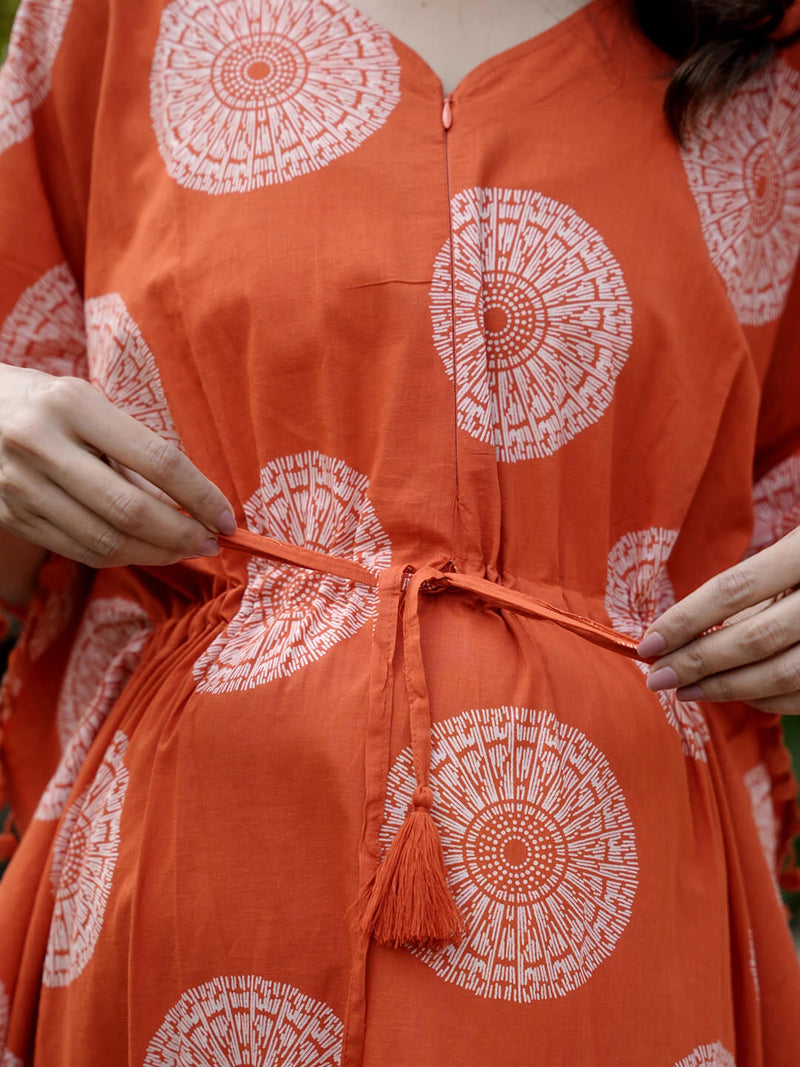 Orange Ethnic Print Maternity & Feeding Kaftan Dress