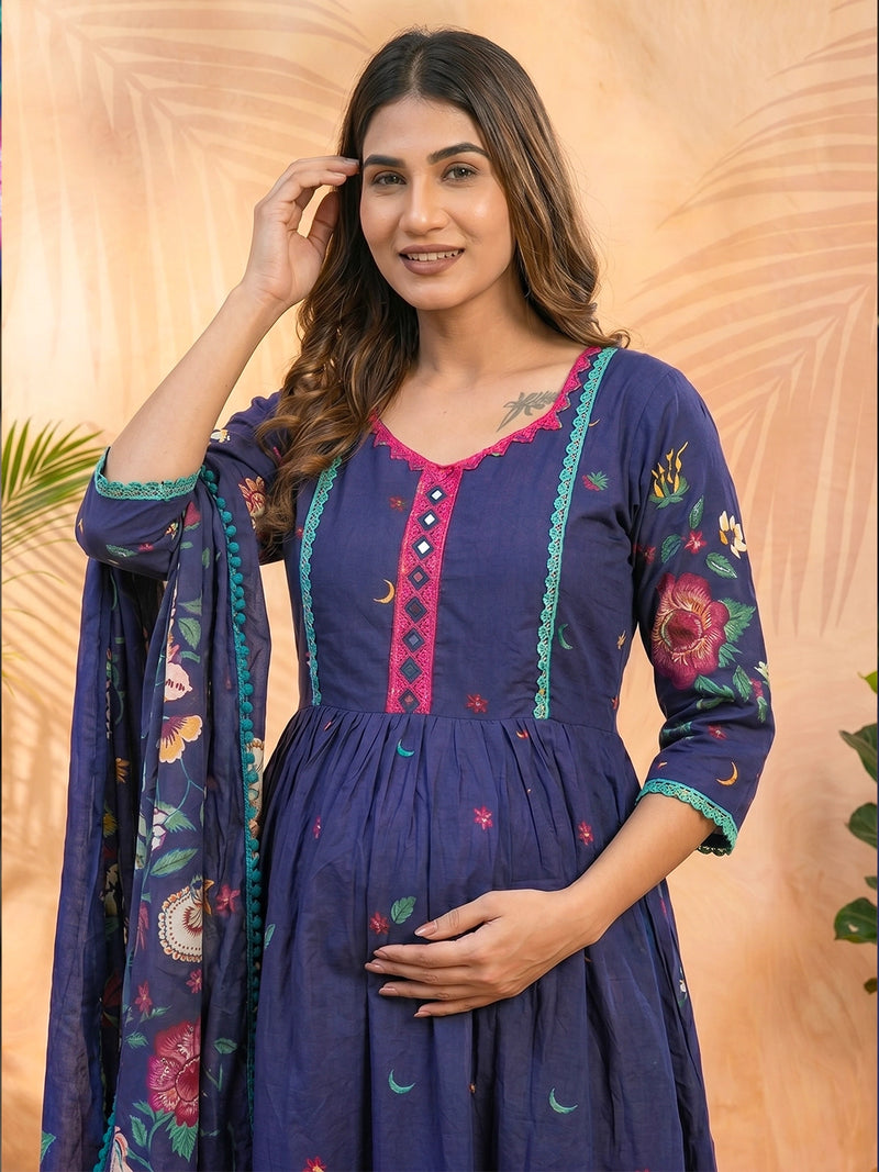 Royal Blue Floral Printed Maternity Feeding Kurta Set with Dupatta