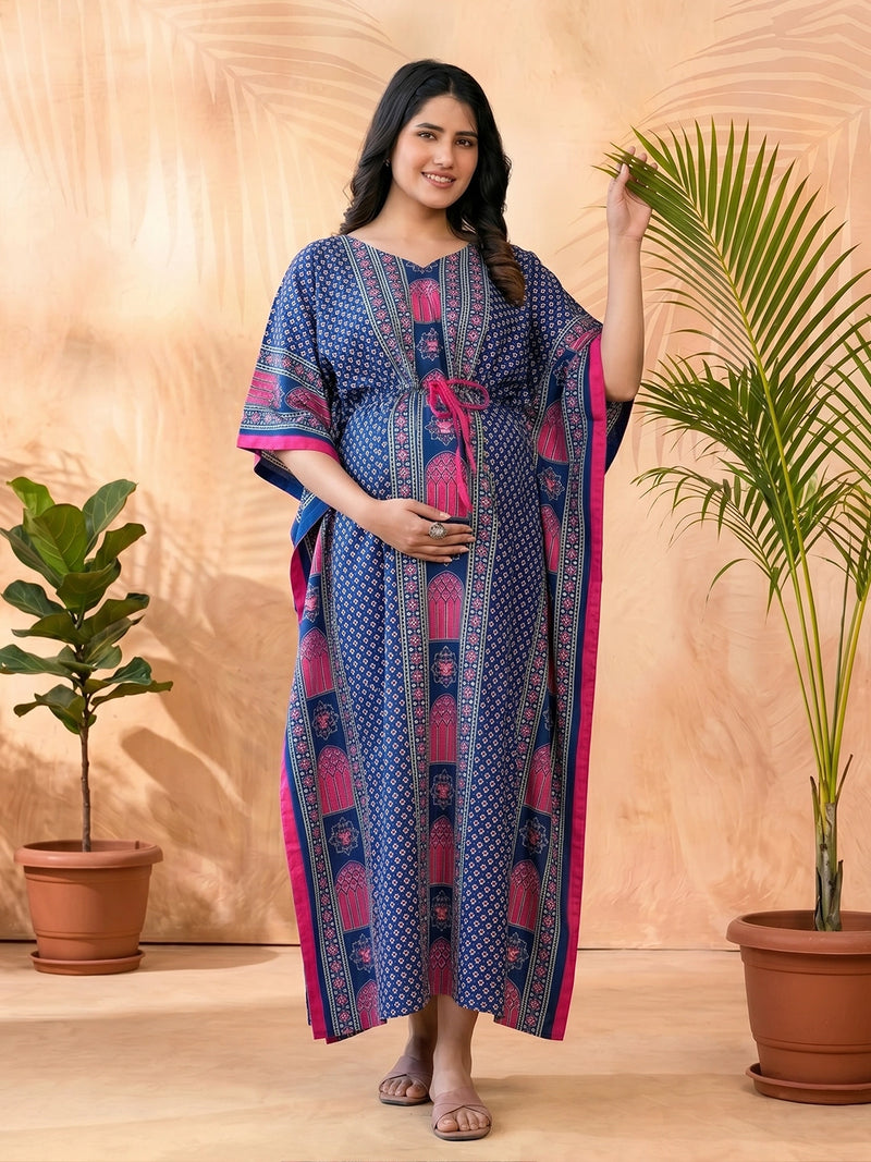 Indigo Multi Ethnic Motifs Printed Maternity Feeding Kaftan Dress