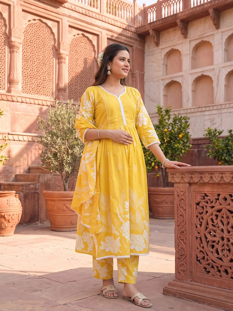 Yellow White Floral Print Cotton Maternity & Feeding-Friendly Flare Kurta Set with Dupatta