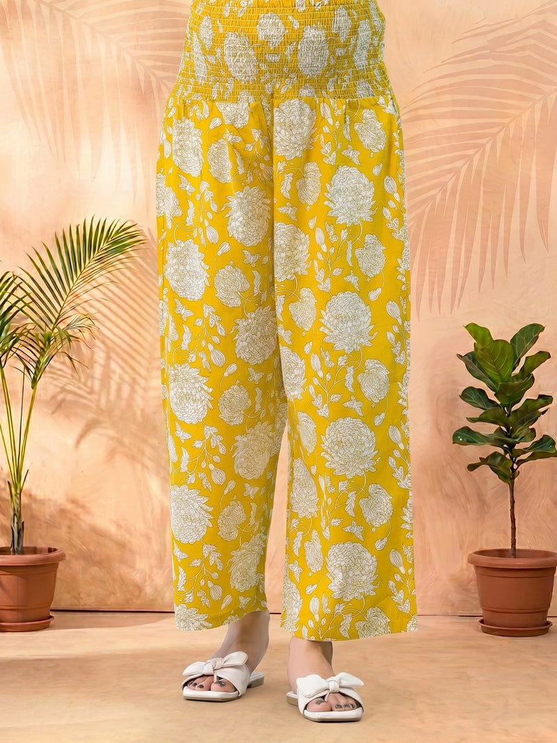 Mustard Floral Printed Maternity Feeding Kaftan Night Suit