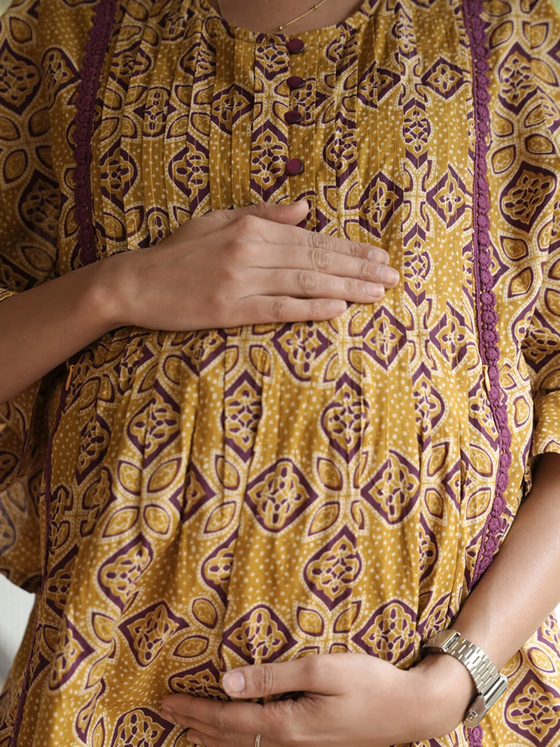Mustard Printed Cotton Maternity Feeding-Friendly Night Suit