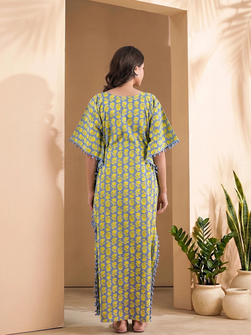 Grey Yellow Floral Print Cotton Maternity Feeding-Friendly Kaftan Dress