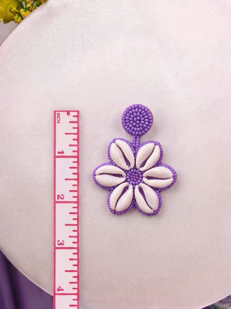 Handcrafted Seashell Charm Flower Statement Earrings – White Purple