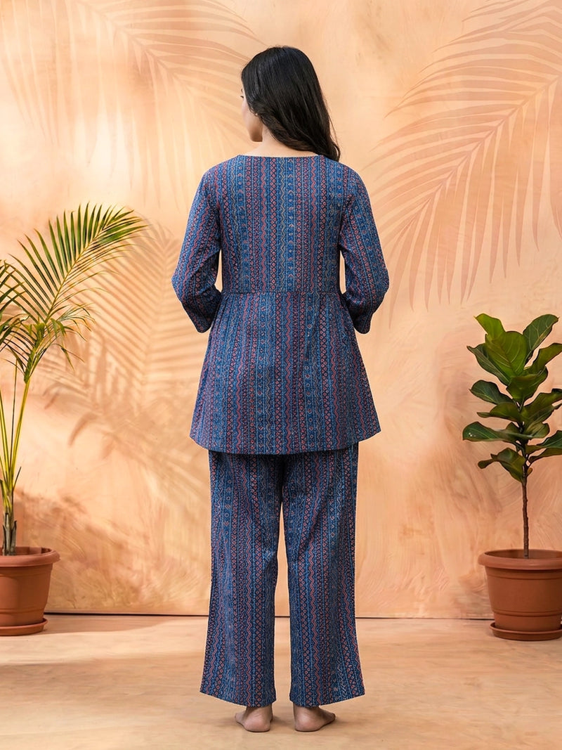Indigo Multi Geometric Printed Cotton Maternity Feeding Night Suit
