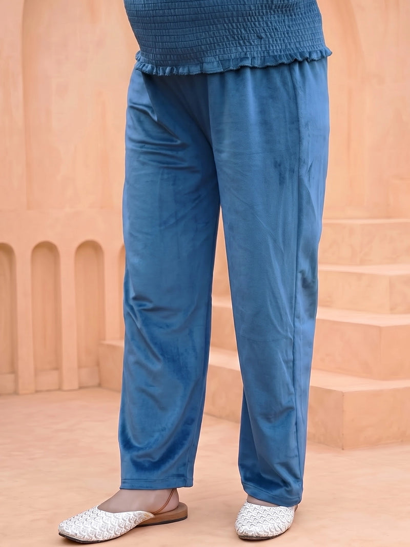 Teal Blue Velvet Maternity Feeding Night Suit