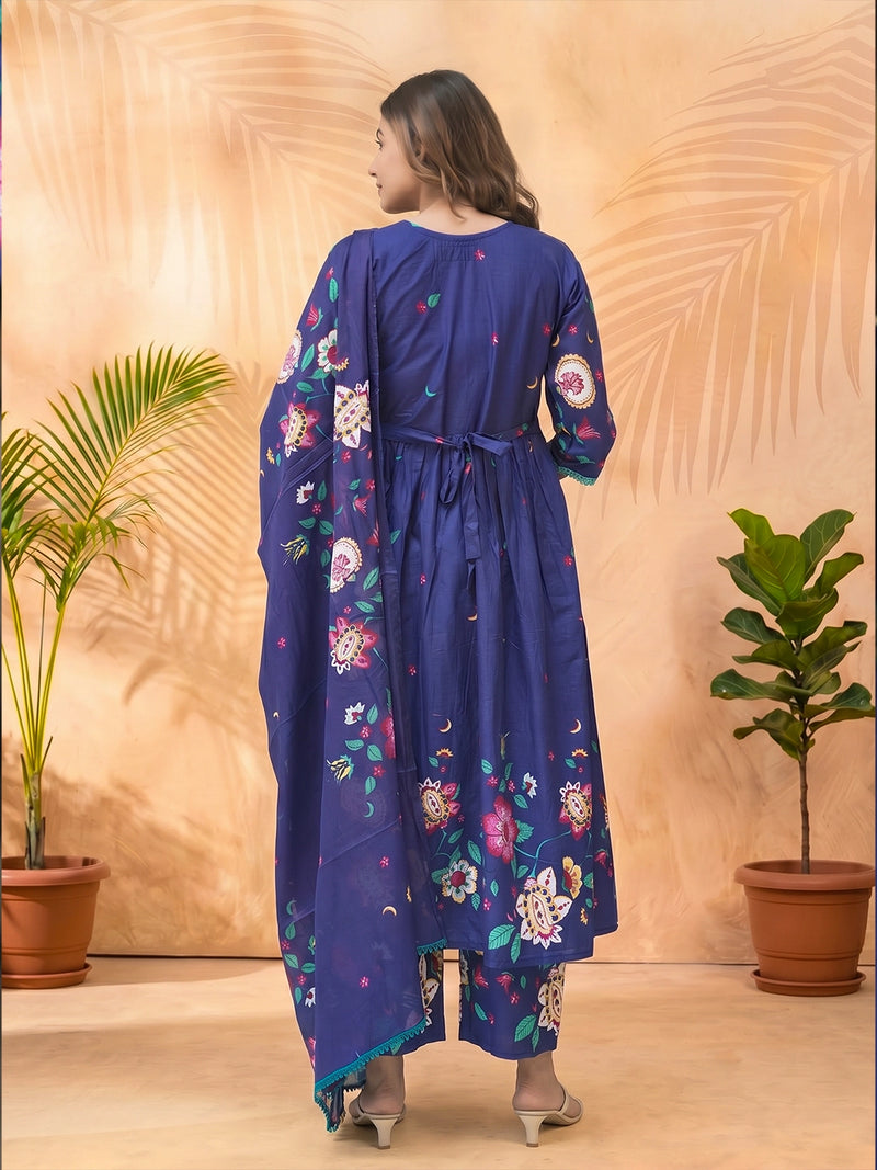 Royal Blue Floral Printed Maternity Feeding Kurta Set with Dupatta