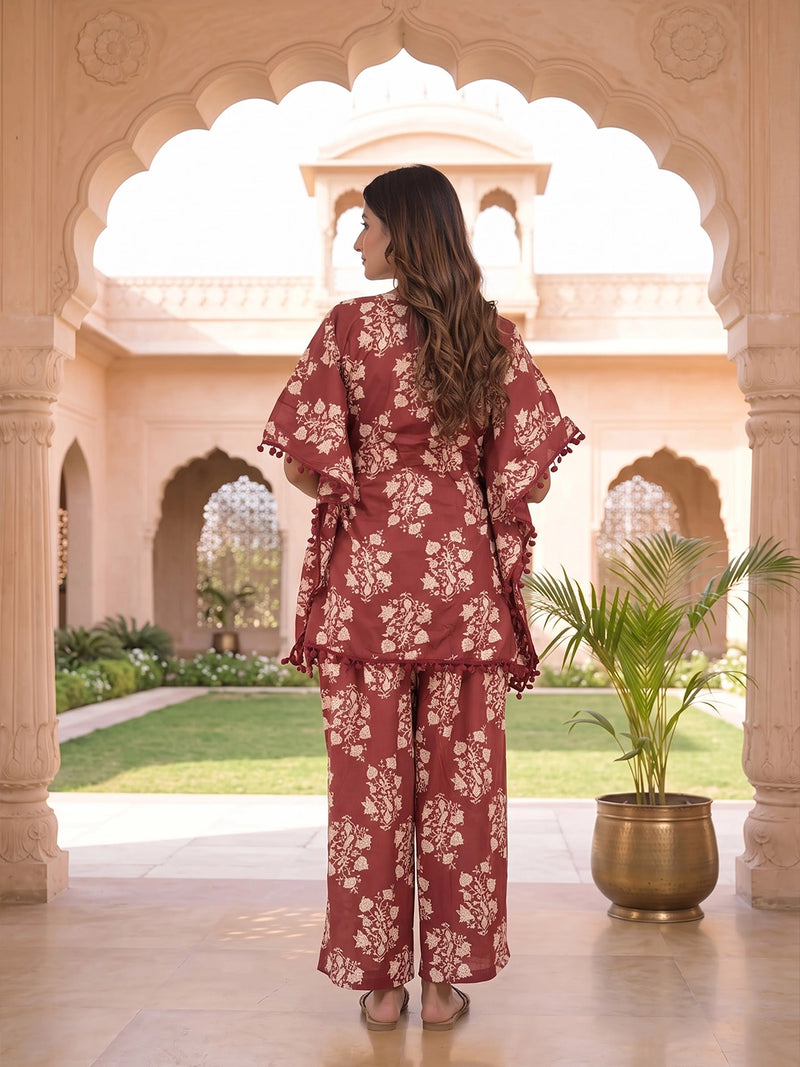 Maroon Printed Cotton Maternity Feeding-Friendly Kaftan Night Suit