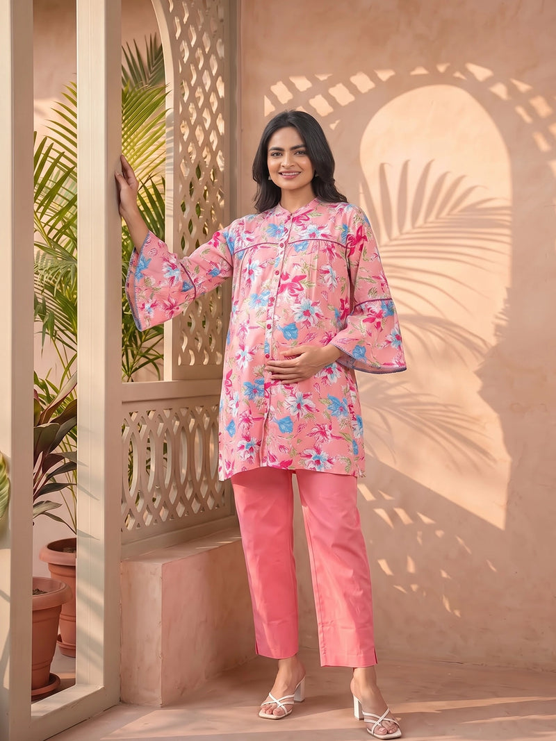 Pink Multi Floral Print Cotton Maternity Feeding-Friendly Top