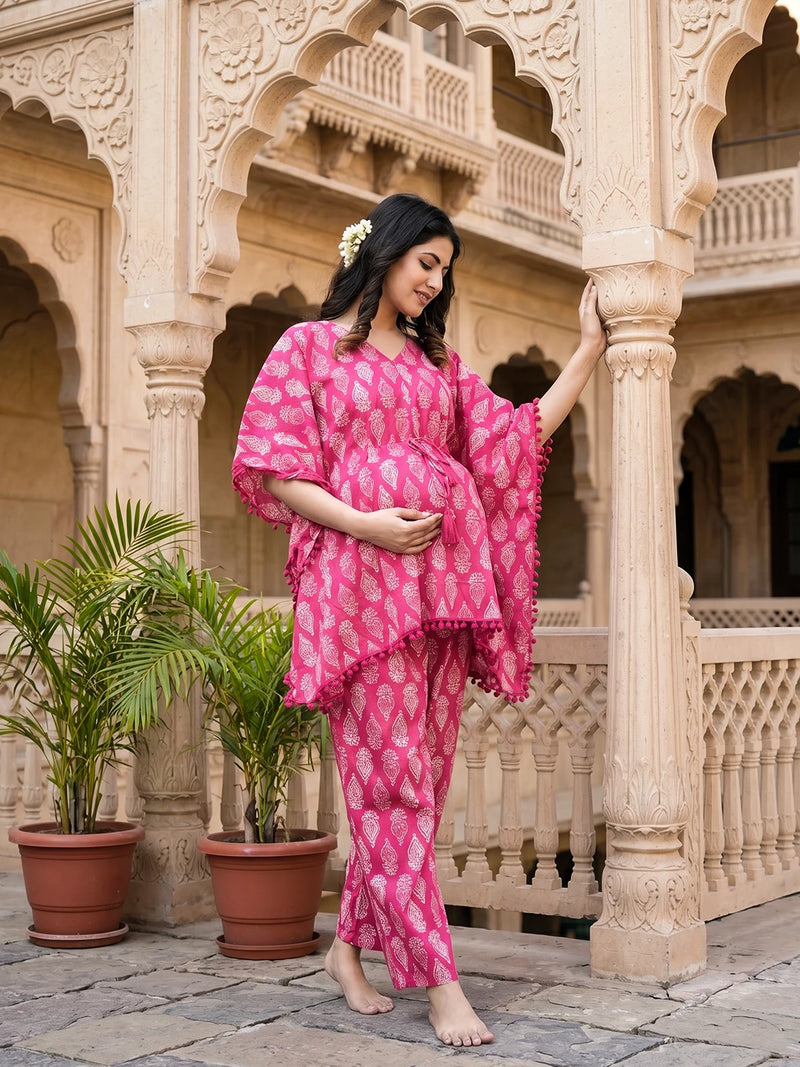 Fuchsia Ethnic Printed Maternity & Feeding Night Suit