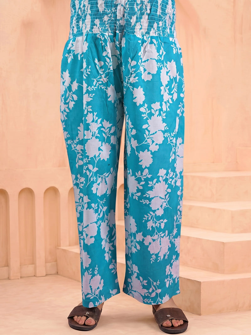 turquoise-white-floral-print-maternity-feeding-friendly-kaftan-night-suit-with-concealed-zipper