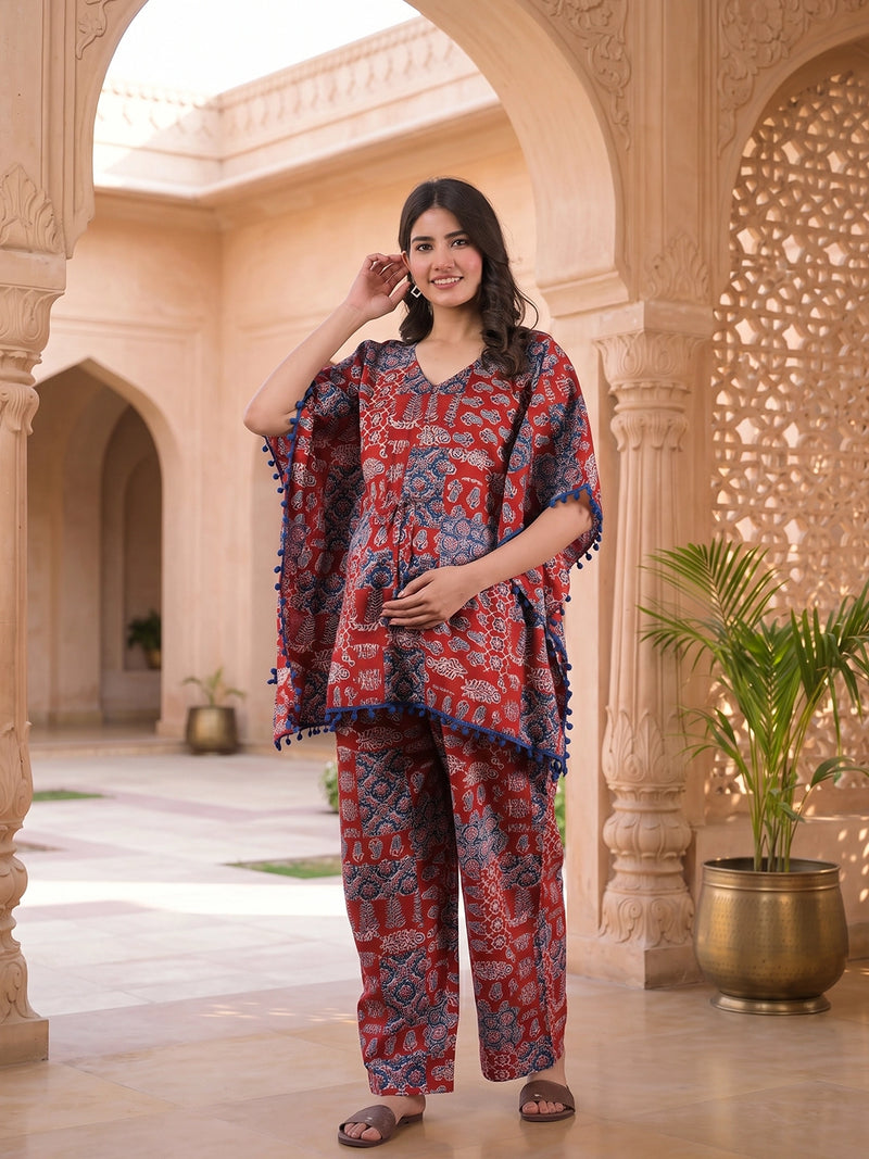 red-indigo-ethnic-print-maternity-feeding-friendly-kaftan-night-suit-with-concealed-zipper