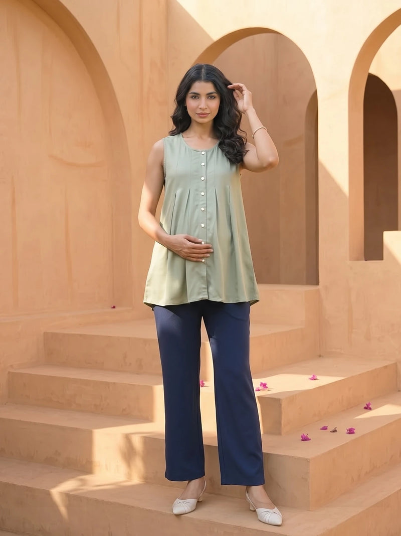 Olive Green Pleated Maternity Feeding-Friendly Top