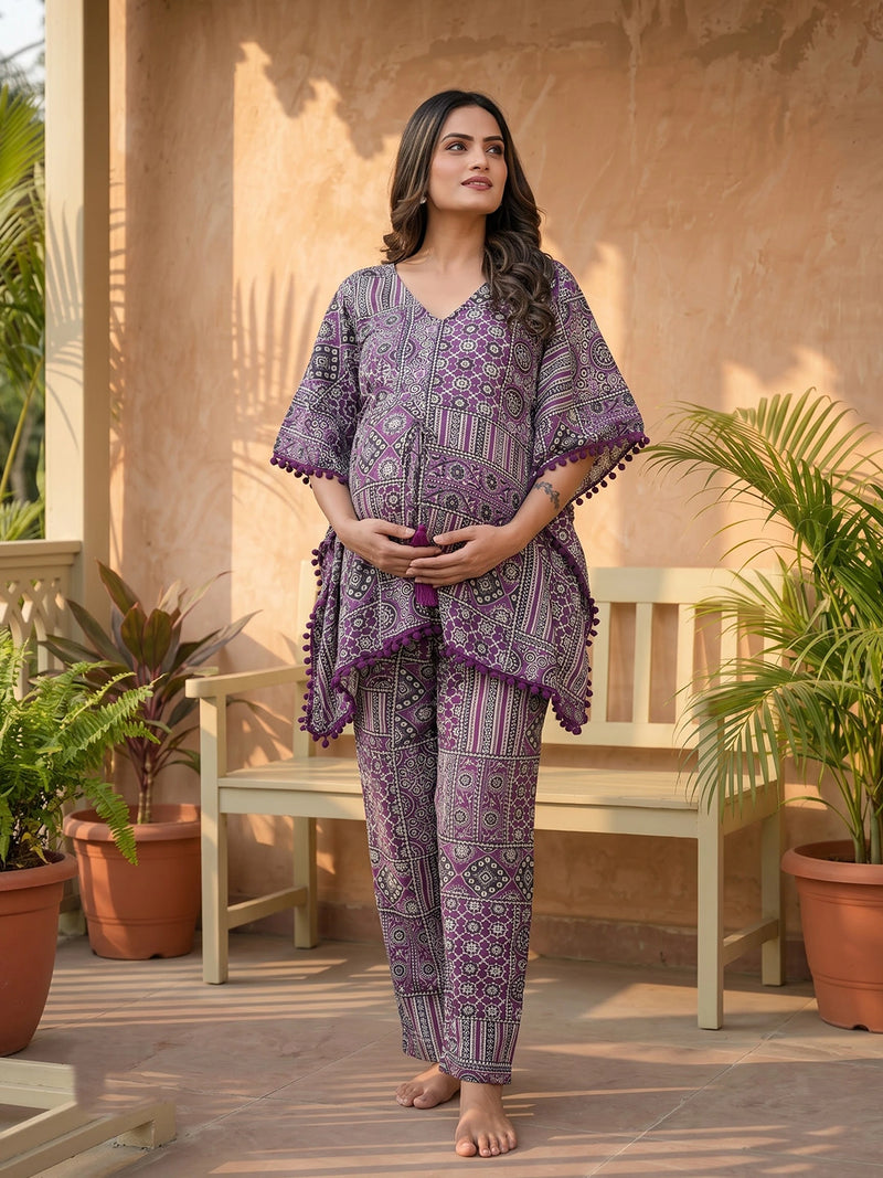 Purple Ethnic Print Maternity Feeding-Friendly Kaftan Night Suit with Concealed Zipper