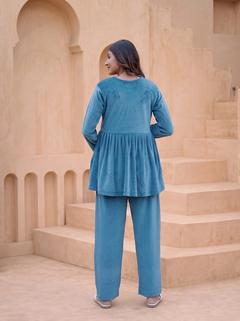 Teal Velvet Maternity Feeding Night Suit