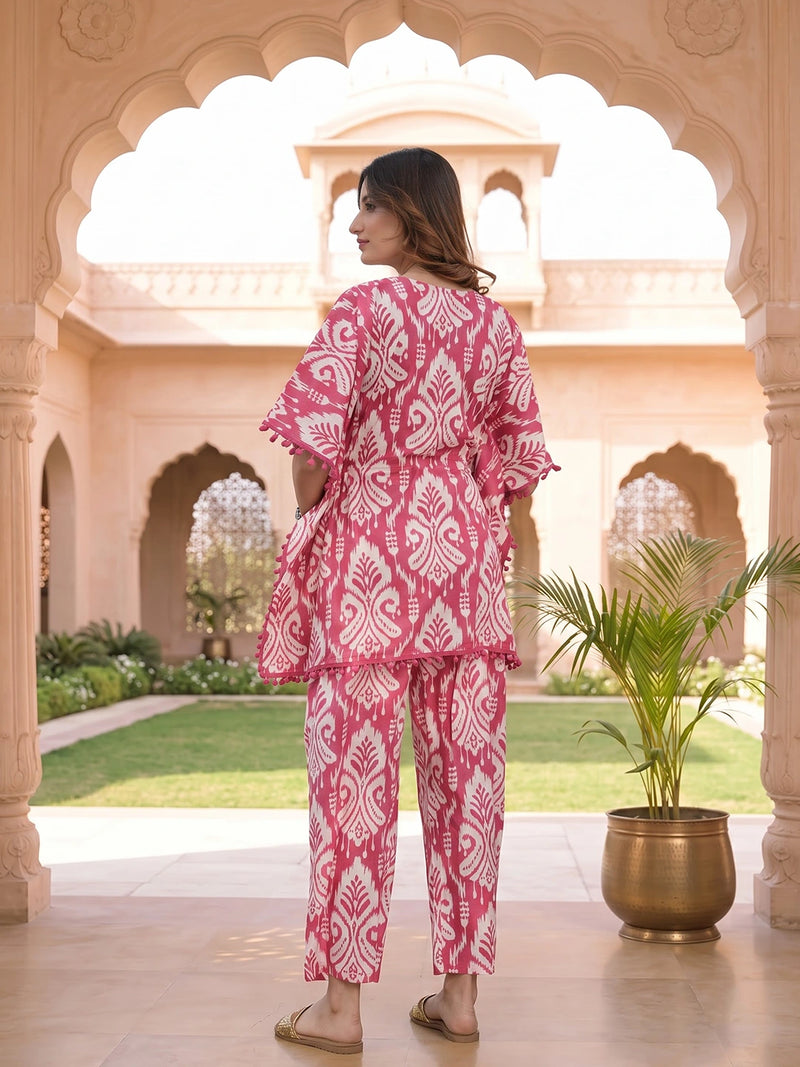 Fuchsia Printed Cotton Maternity Feeding-Friendly Kaftan Night Suit