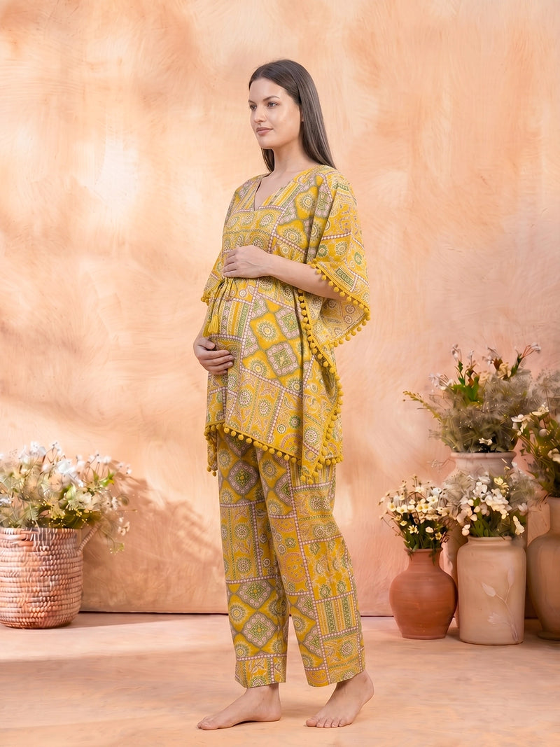 Mustard Geometric Print Maternity Feeding Kaftan Night Suit