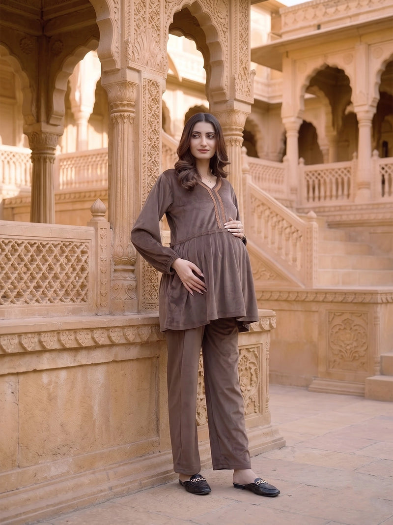 Taupe Velvet Maternity Feeding Night Suit