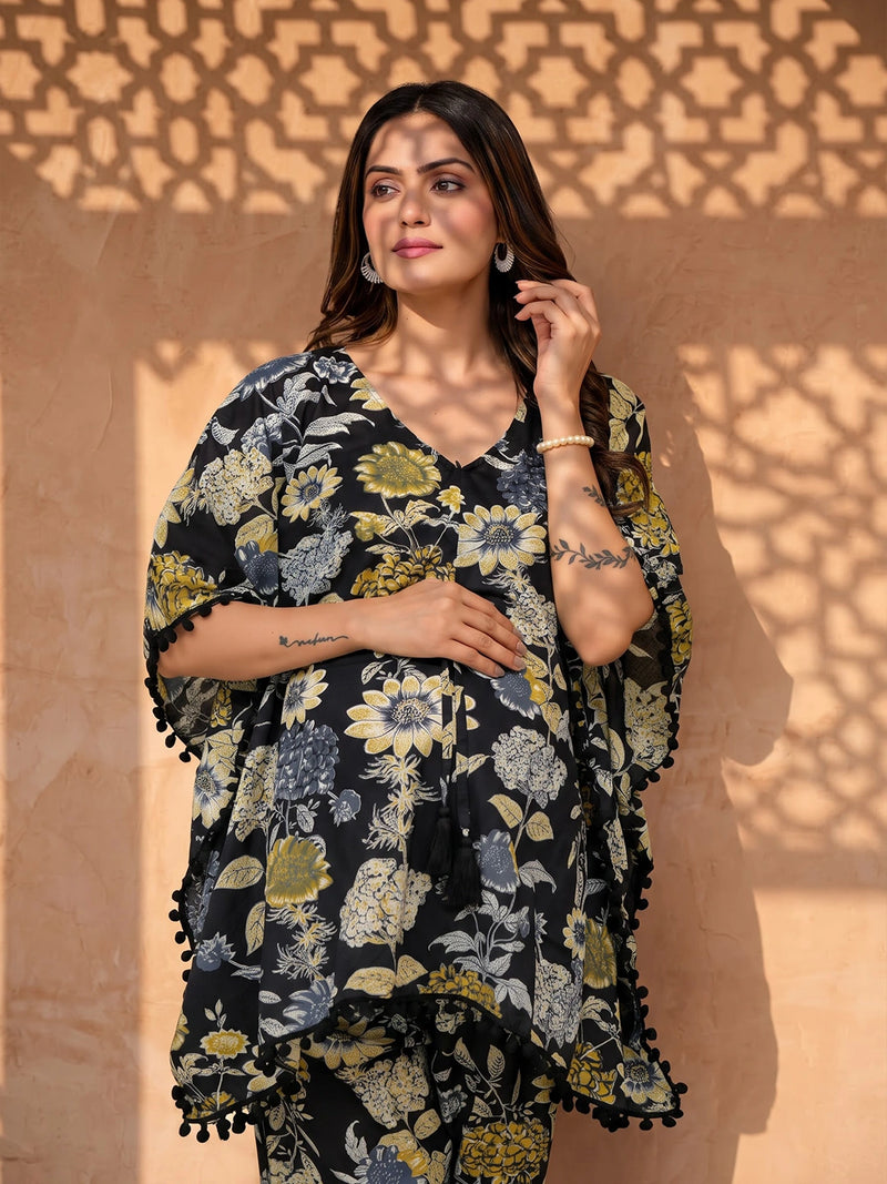 Black Floral Print Maternity Feeding-Friendly Kaftan Night Suit with Concealed Zipper