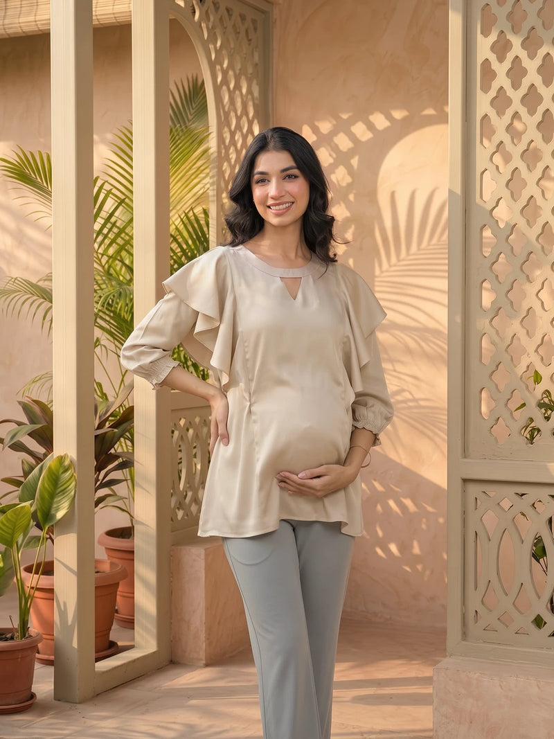 Beige Jewell Neck Ruffled Maternity & Feeding Top with Concealed Zipper