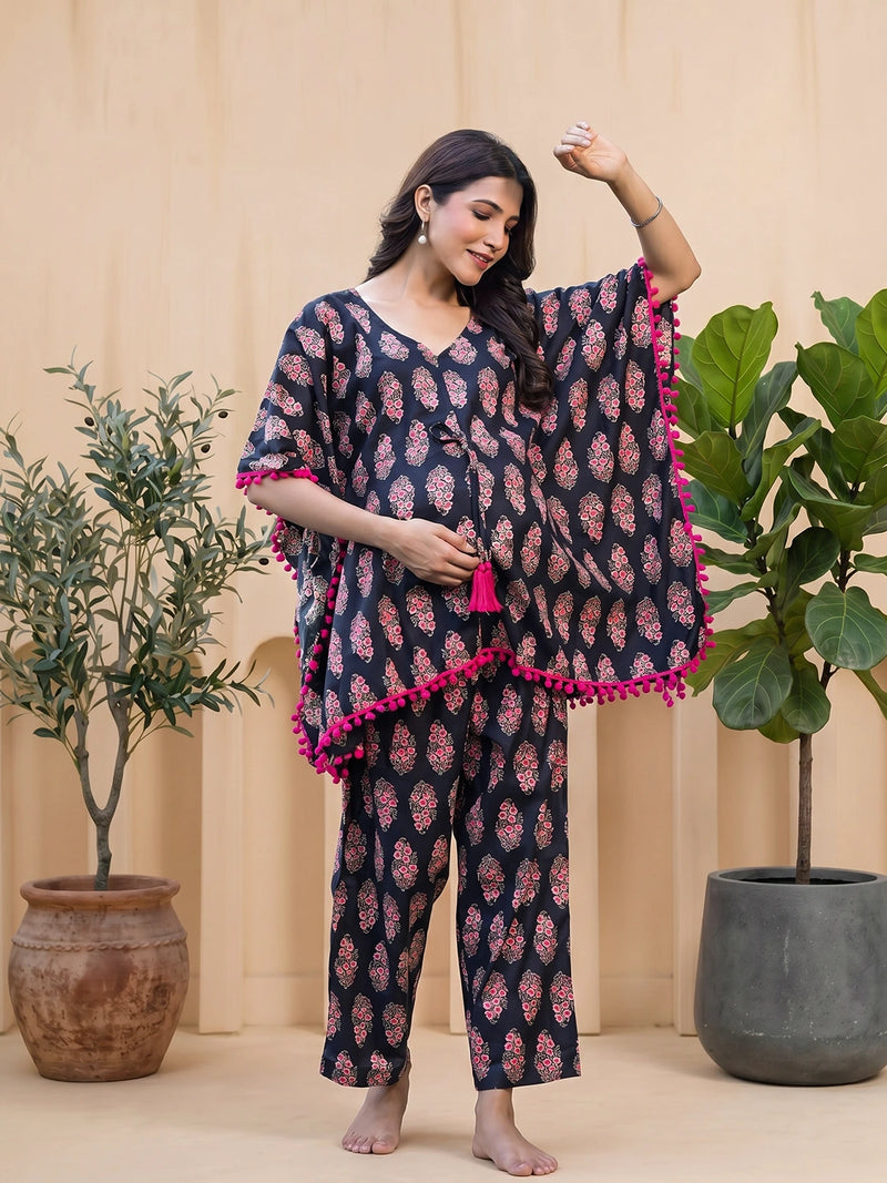 Black Fuchsia Ethnic Printed Maternity & Feeding Night Suit