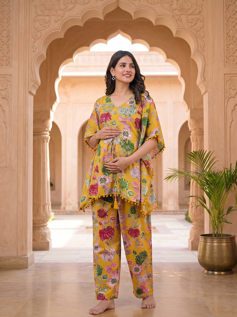 mustard-multi-floral-printed-maternity feeding-friendly-kaftan-night-suit