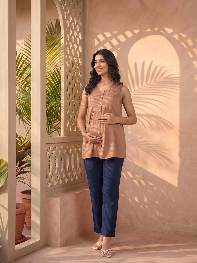Taupe Green Pleated Maternity Feeding-Friendly Top
