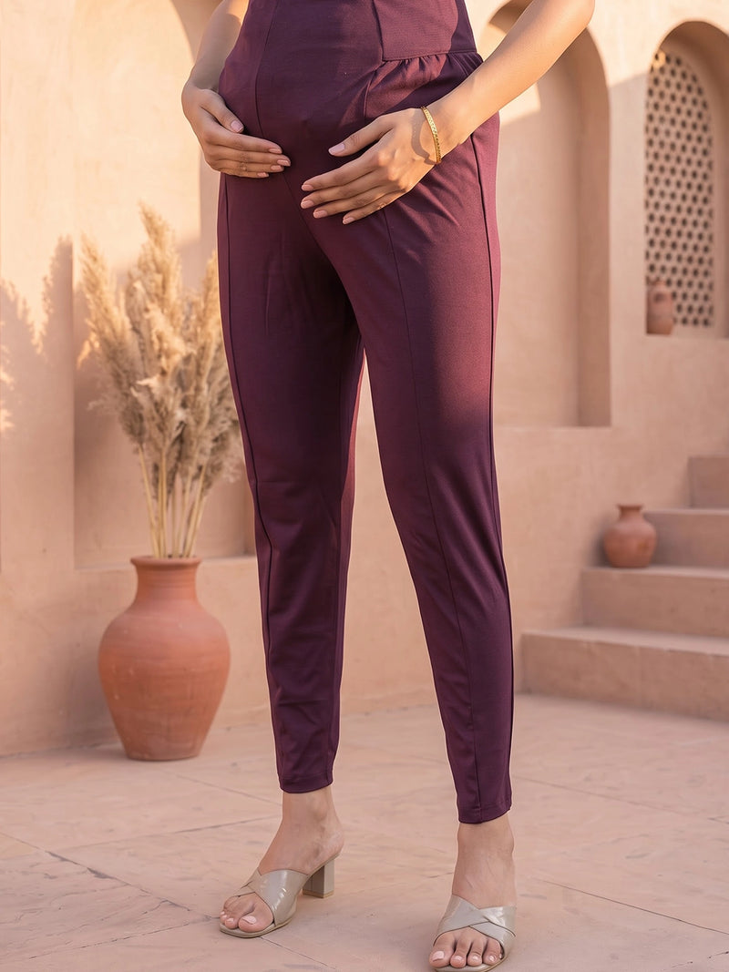 Wine Mid-Rise Stretch Waist Maternity Comfort Pant
