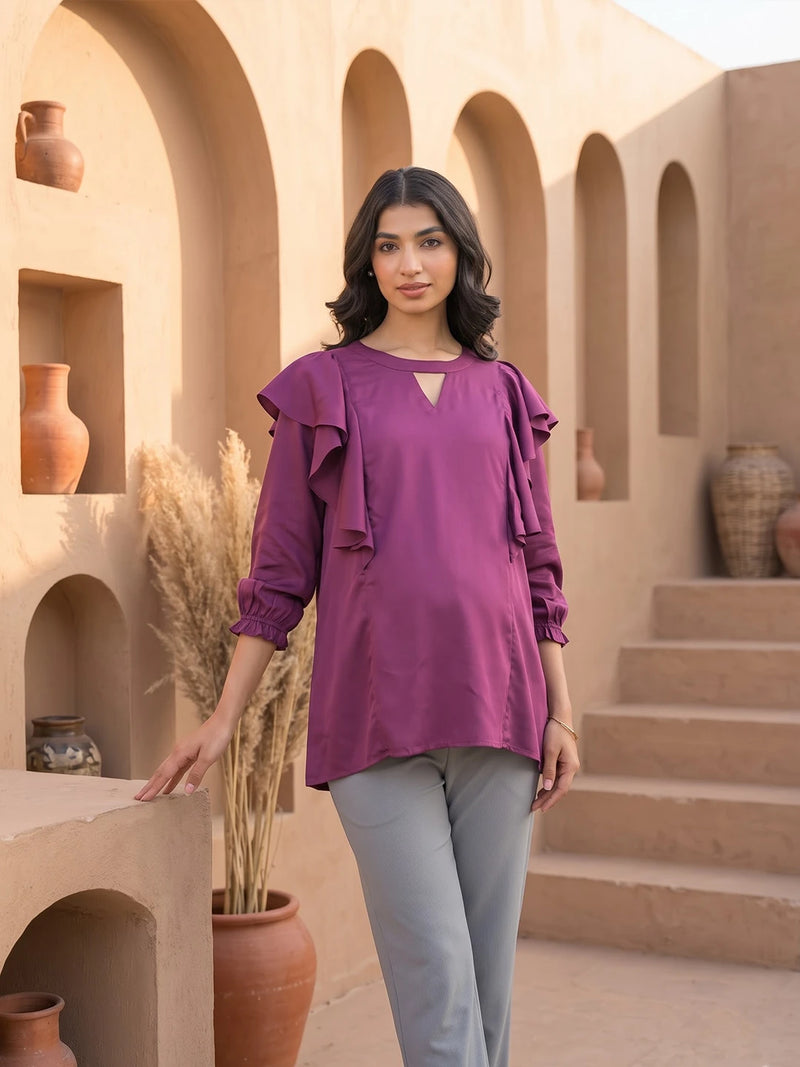 Plum Jewell Neck Ruffled Maternity & Feeding Top with Concealed Zipper