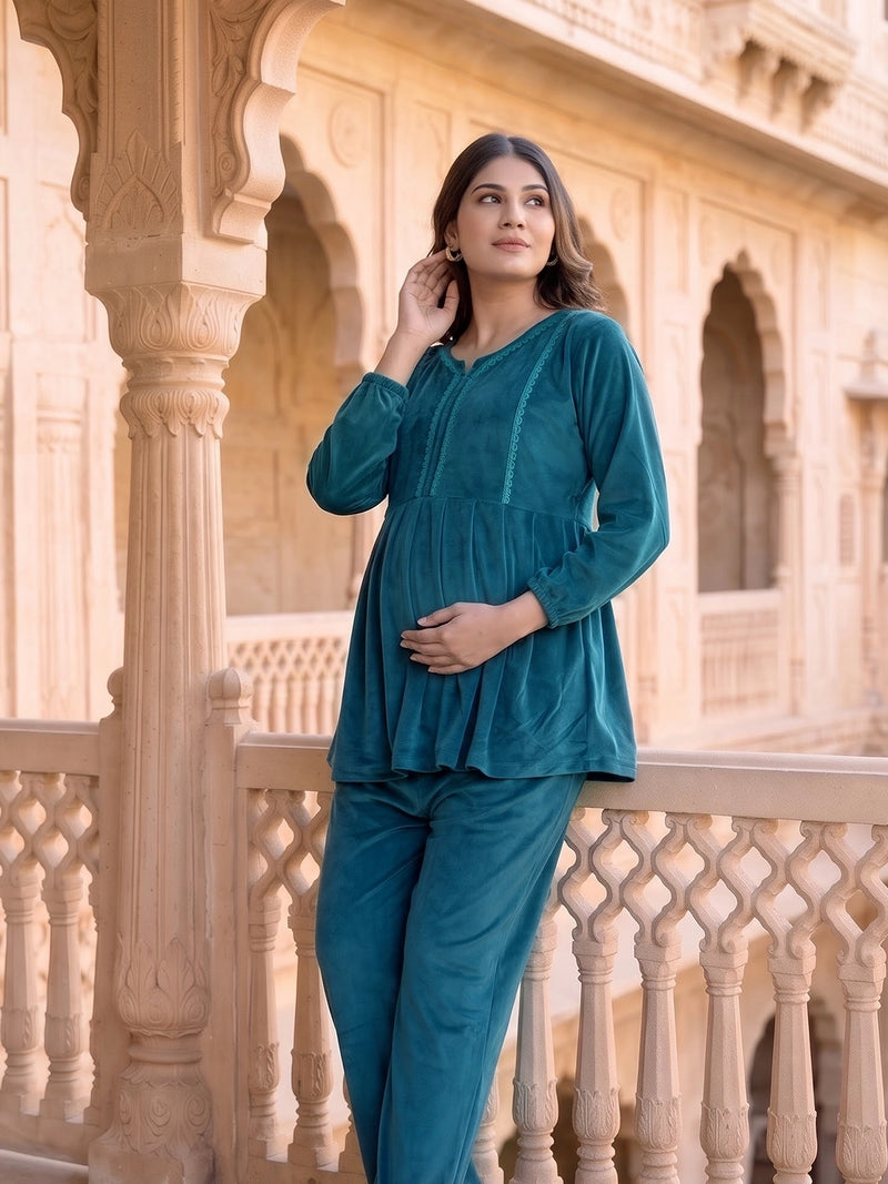 Dark Green Velvet Maternity Feeding Night Suit
