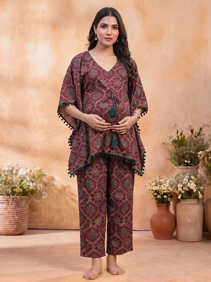 Maroon Grey Ethnic Printed Maternity Feeding Kaftan Night Suit