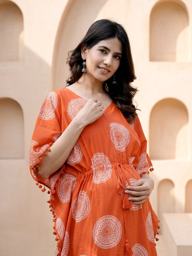 Orange Ethnic Print Maternity & Feeding Kaftan Dress