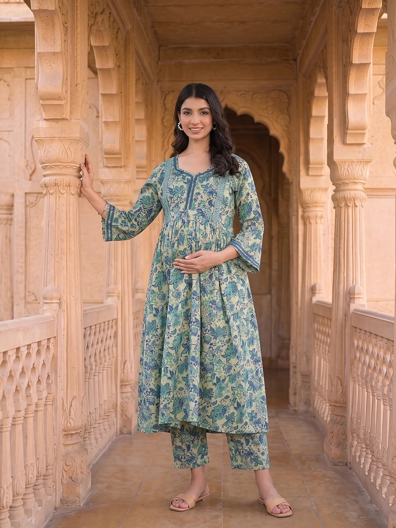 Teal Green Cotton Printed Maternity & Feeding Kurta Set with Dupatta