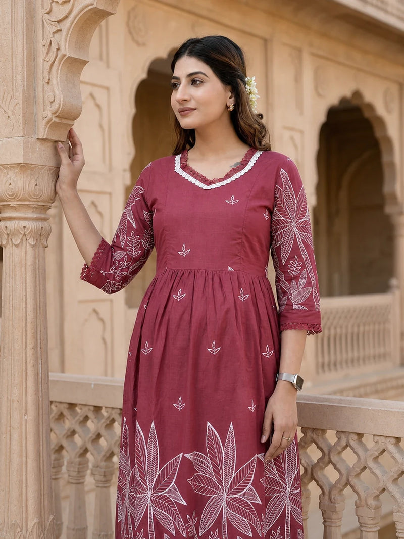 Fuchsia White Printed Maternity & Feeding Kurta Suit With Dupatta