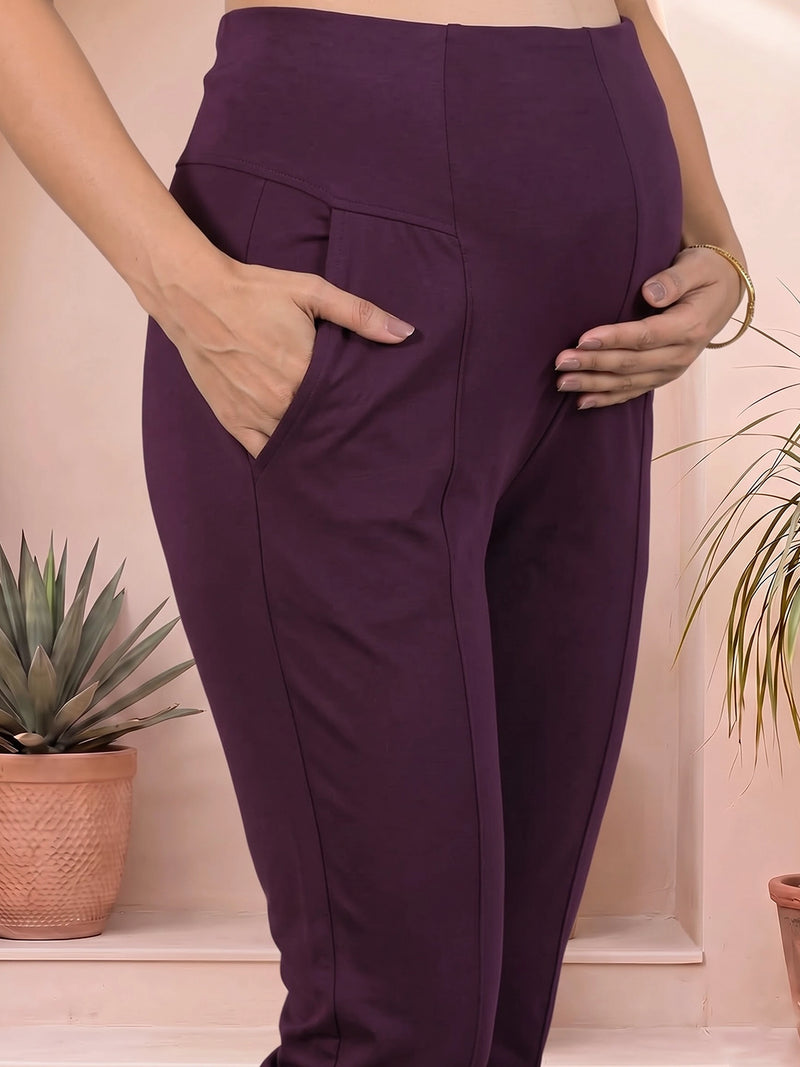 Wine Mid-Rise Stretch Waist Maternity Comfort Pant