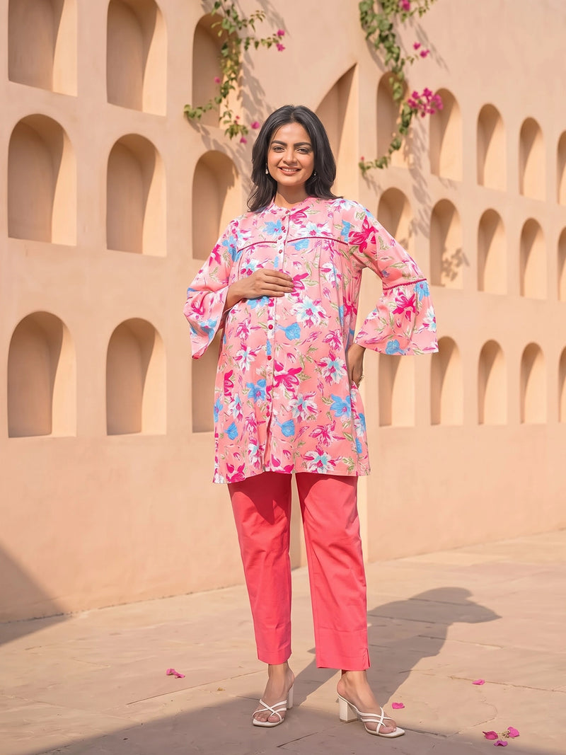 Pink Multi Floral Print Cotton Maternity Feeding-Friendly Top