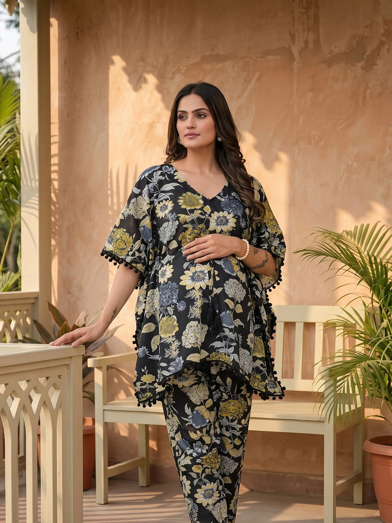 Black Floral Print Maternity Feeding-Friendly Kaftan Night Suit with Concealed Zipper