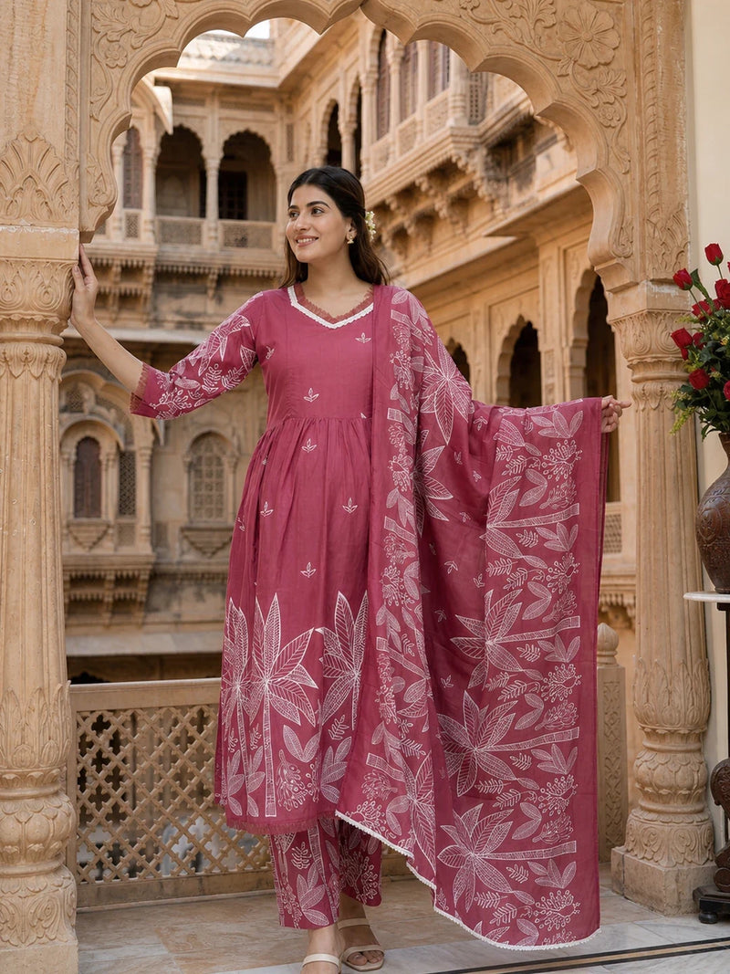 Fuchsia White Printed Maternity & Feeding Kurta Suit With Dupatta